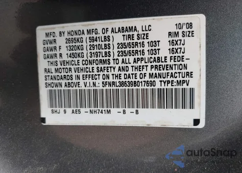 2009 Honda Odyssey Ex-L from USA, damaged, VIN 5FNRL38639B017690